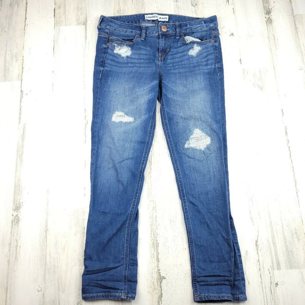 Express Modern Boyfriend Distressed Jeans Women’s Size 2 Medium Wash Relaxed Den
